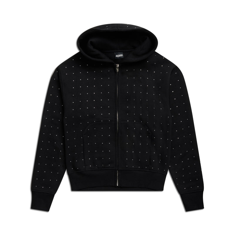 RHINESTONE LETTER ZIP HOODIE BLACK